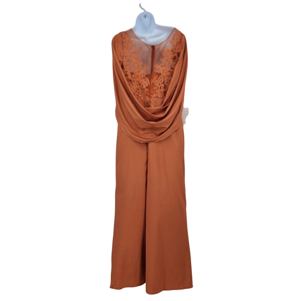 Cape sleeve lace applique pleated waist burnt orange dress Sz 12 formal wedding - Picture 3 of 13